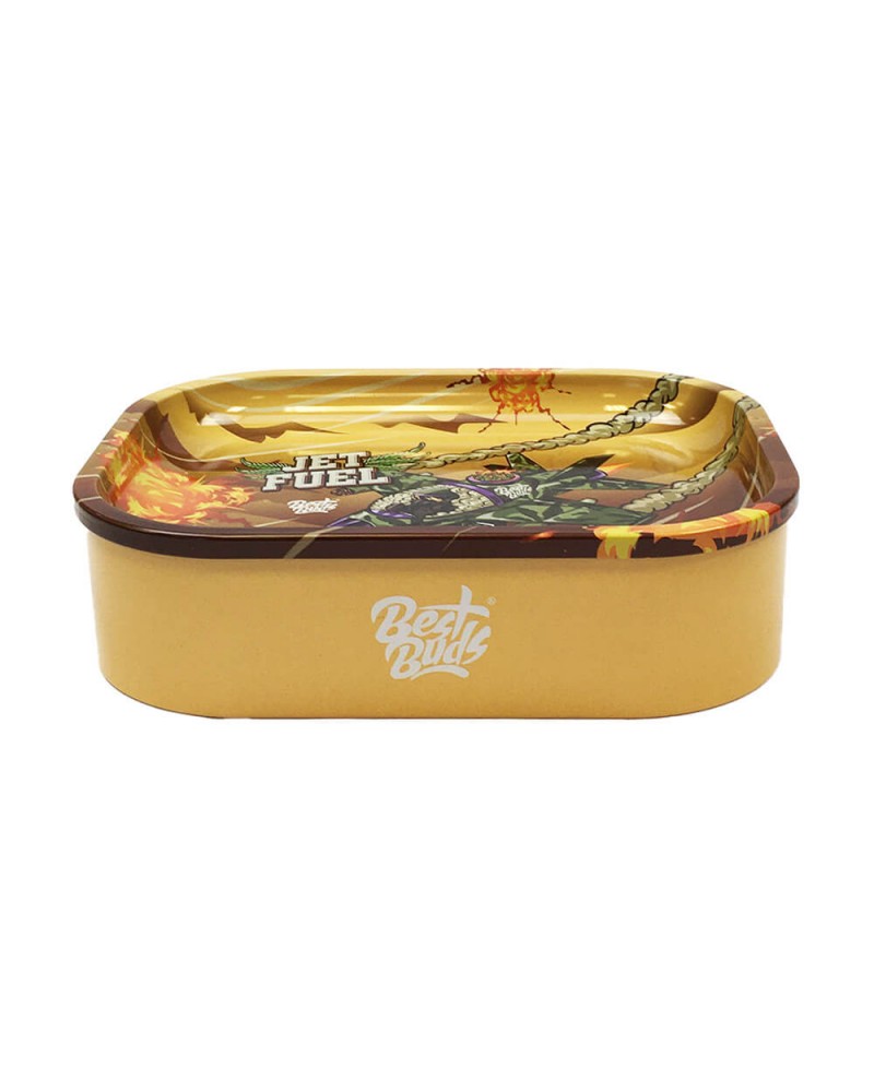 Best Buds Tin Box Rolling Tray with Storage Jet Fuel