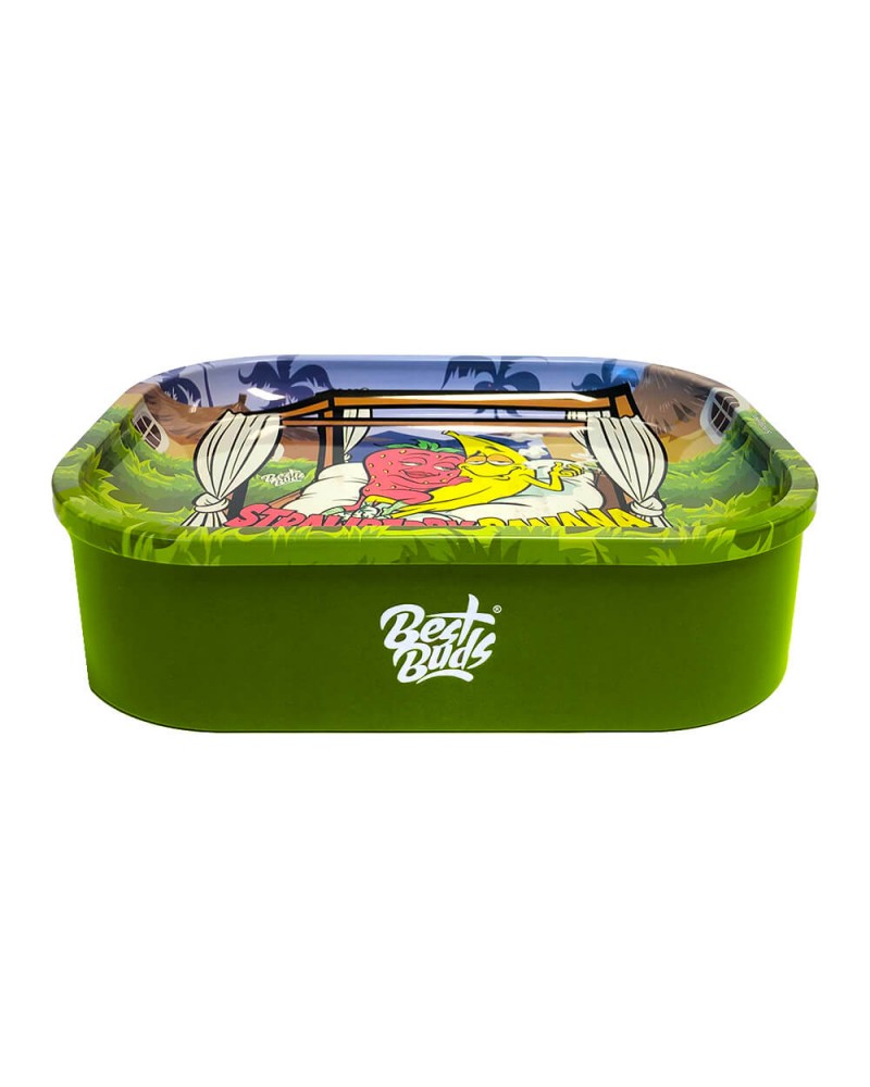 Best Buds Tin Box Rolling Tray with Storage Strawberry Banana