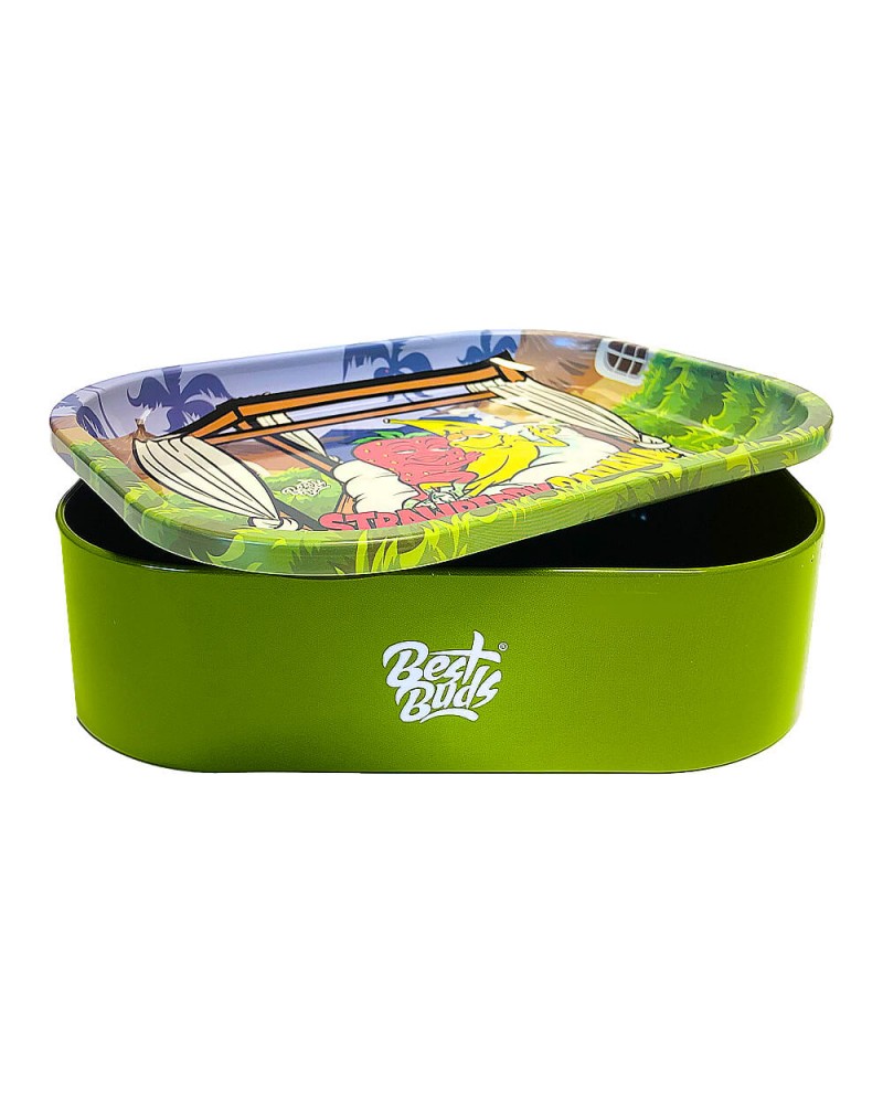 Best Buds Tin Box Rolling Tray with Storage Strawberry Banana