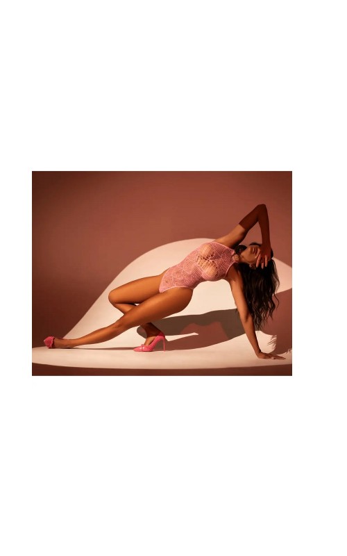 Mapalé- Pink Mesh Bodysuit with Heart Pattern
