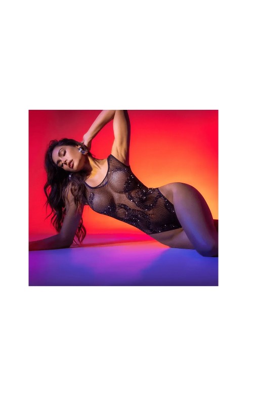 Mapalé- Black Snake-Pattern Mesh Bodysuit Adorned with Rhinestones