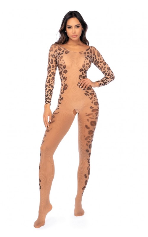 Mapalé- Long-Sleeve Leopard Mesh Jumpsuit