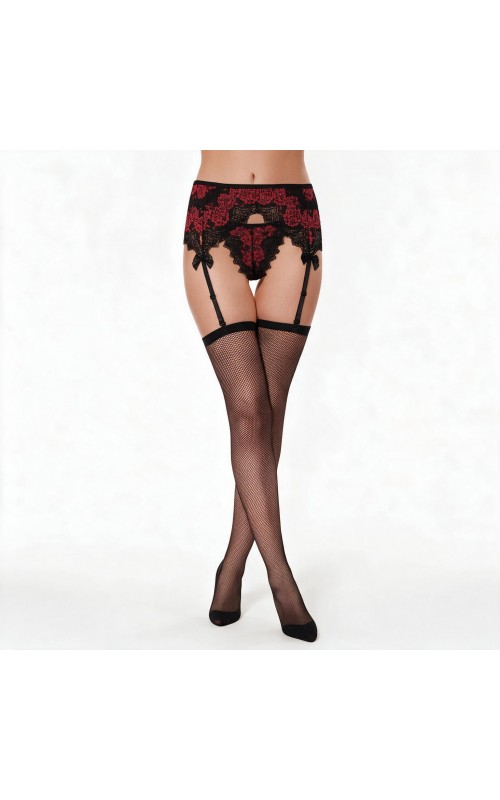Set Red Flower Garterbelt, thong & Fishnet Stockings