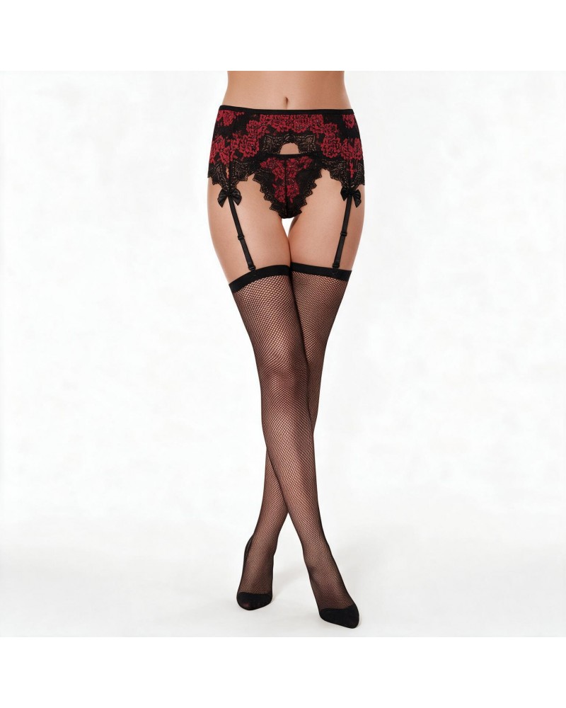 Set Red Flower Garterbelt, thong & Fishnet Stockings