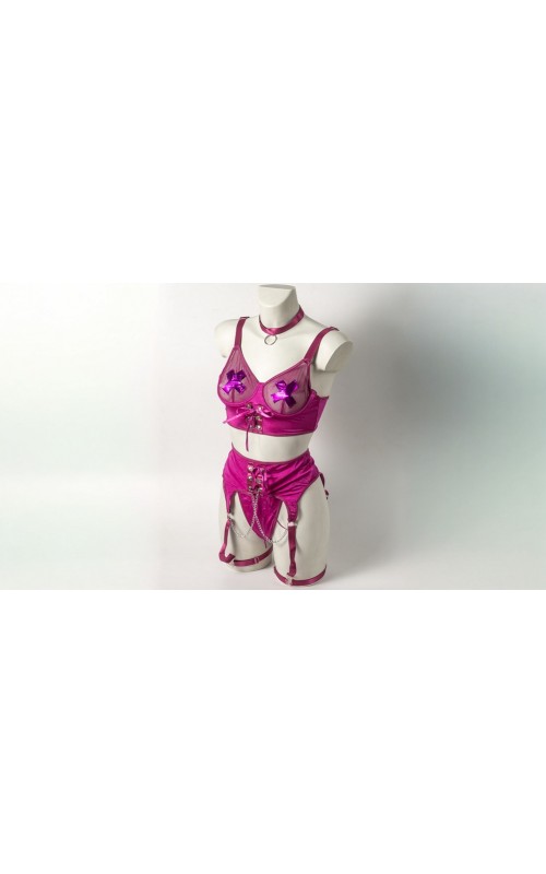 Ophelia's Dream Lingerie - 3 piece set with chocker and x pasties purple
