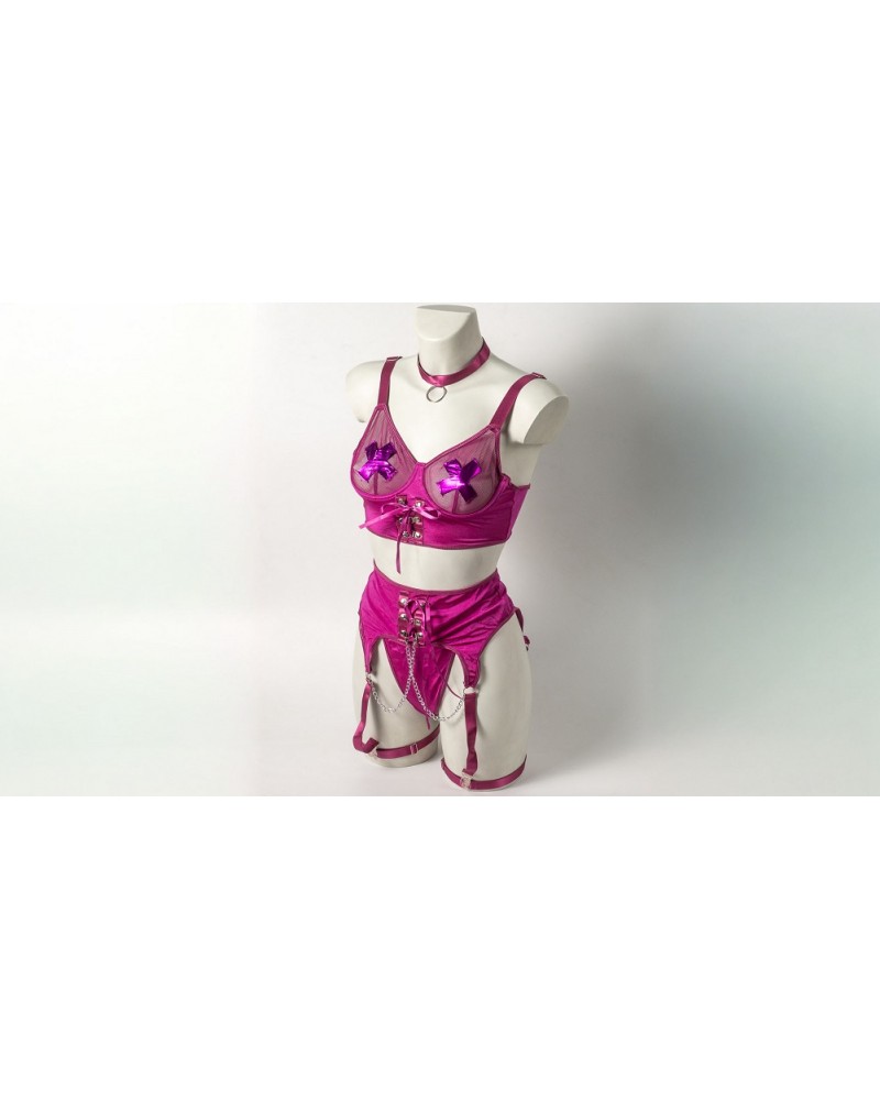 Ophelia's Dream Lingerie - 3 piece set with chocker and x pasties purple