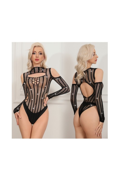 Ophelia's Dream Lingerie - Black Long-sleeve Teddy with Glitter