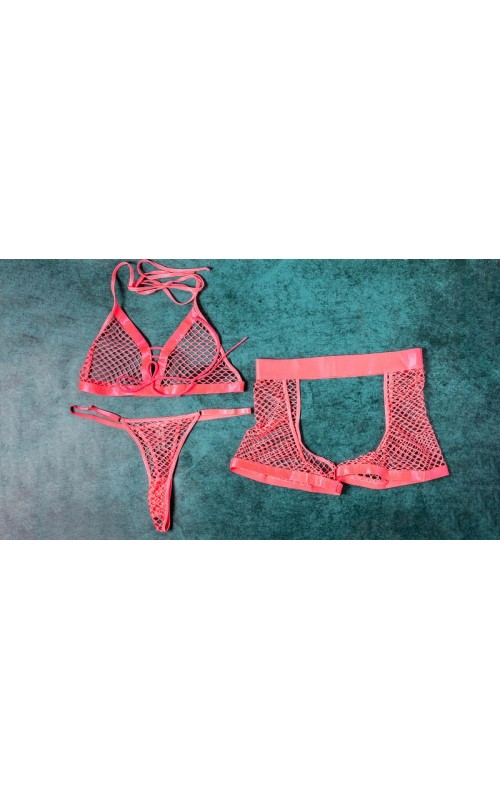 Ophelia's Dream Lingerie - Fishnet set bra-crotchless shorts pink