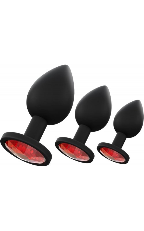 Black Silicone Anal Plug with Red Rhinestone - Set