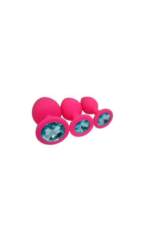 Pink Silicone Anal Plug with Aqua Blue Rhinestone - Set
