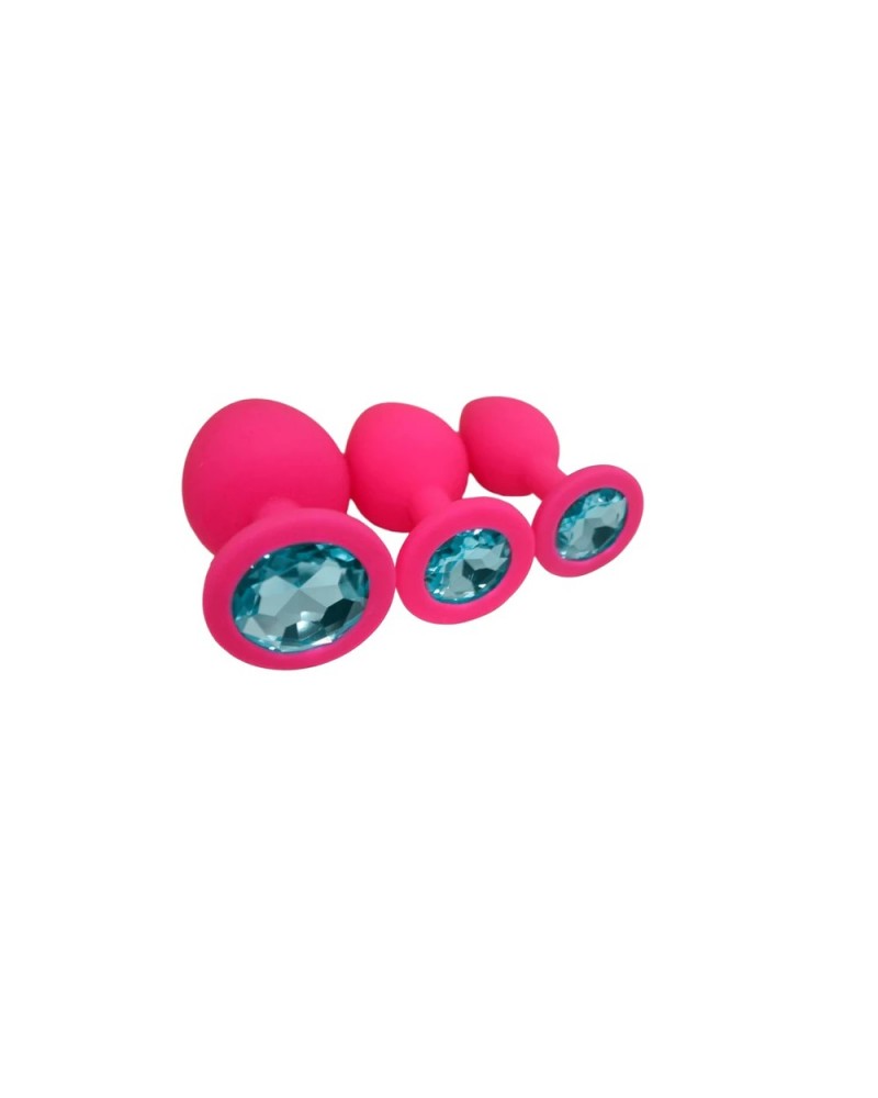 Pink Silicone Anal Plug with Aqua Blue Rhinestone - Set