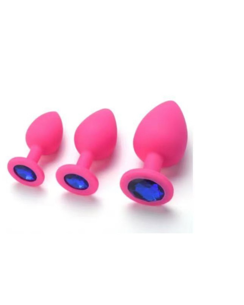 Pink Silicone Anal Plug with Blue Rhinestone - Set Pink Silicone Anal Plug with Blue Rhinestone - Set