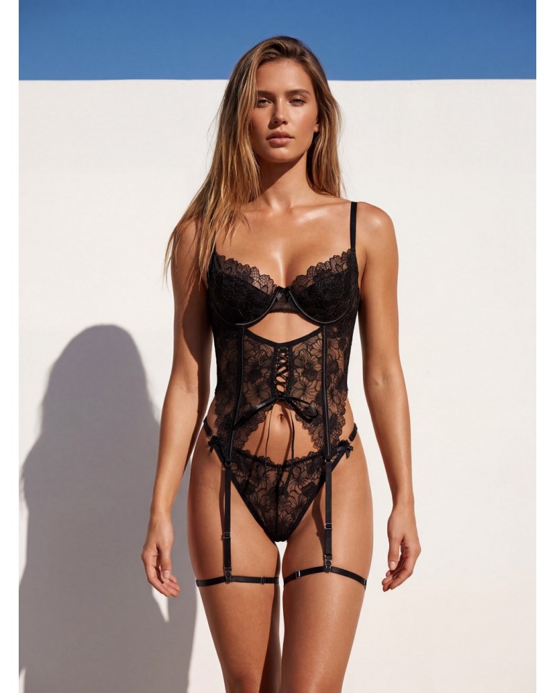 Ophelia's Dream Lingerie- Floral top with garters black