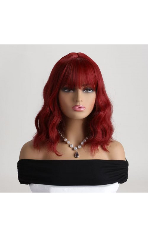 Ophelia's Dream Toys- Medium Length Wavy Dark Red Wig with Fringe