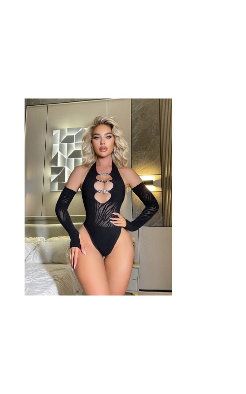 Ophelia's Dream Lingerie - Black zebra teddy with gloves