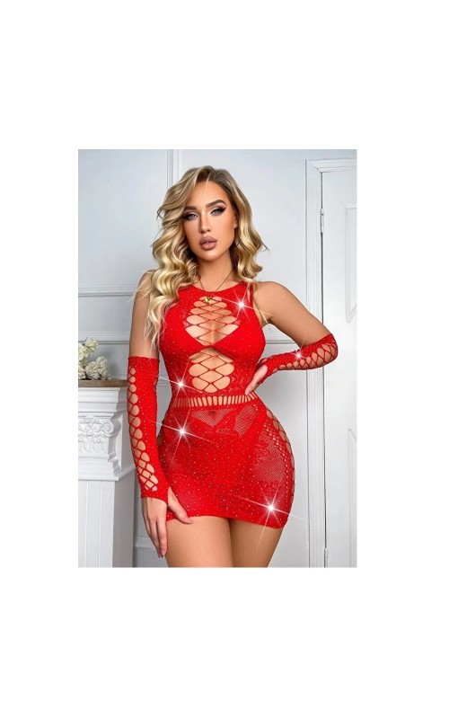 Ophelia's Dream Lingerie- Shiny fishnet dress with gloves red