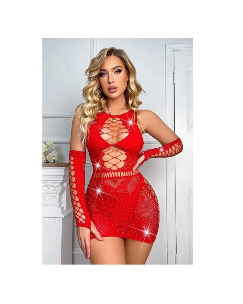 Ophelia's Dream Lingerie- Shiny fishnet dress with gloves red