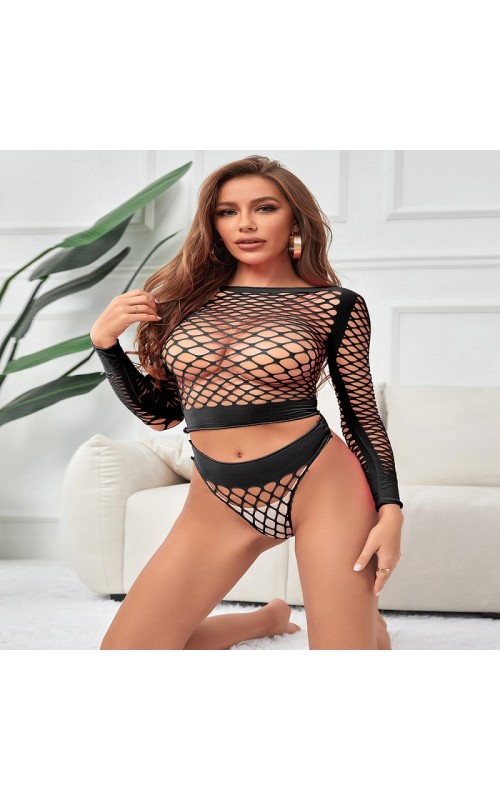 Ophelia's Dream Lingerie - Black Long Sleeve Two-Piece Bodystocking With Fishnet Crop Top And Bottom 