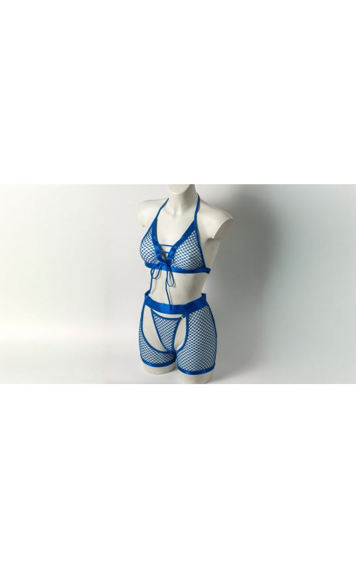 Ophelia's Dream Lingerie - Fishnet set bra-crotchless shorts blue