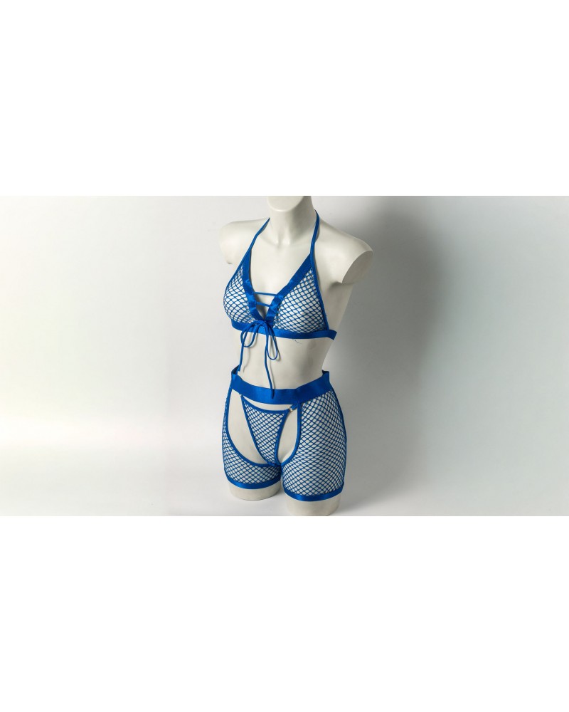 Ophelia's Dream Lingerie - Fishnet set bra-crotchless shorts blue
