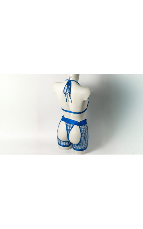 Ophelia's Dream Lingerie - Fishnet set bra-crotchless shorts blue