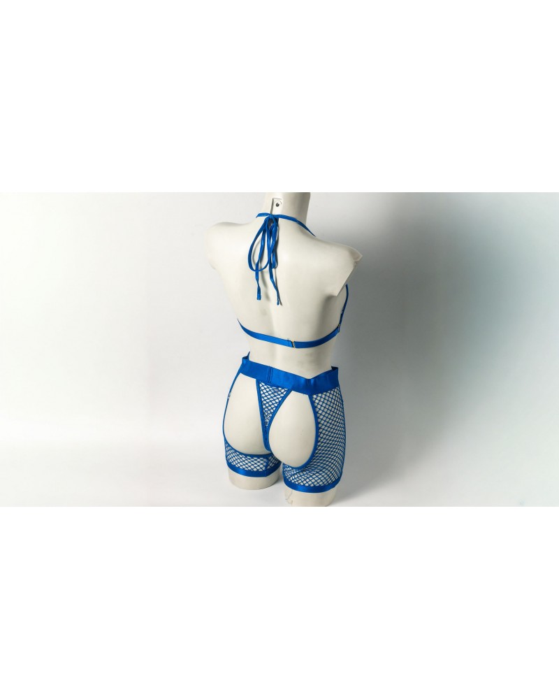 Ophelia's Dream Lingerie - Fishnet set bra-crotchless shorts blue