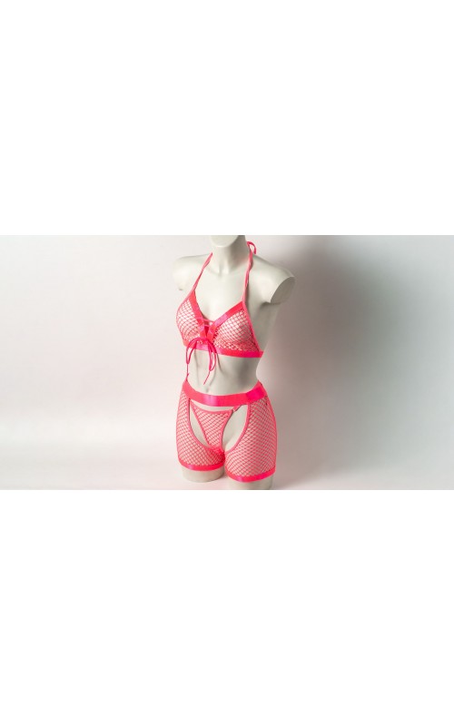 Ophelia's Dream Lingerie - Fishnet set bra-crotchless shorts pink