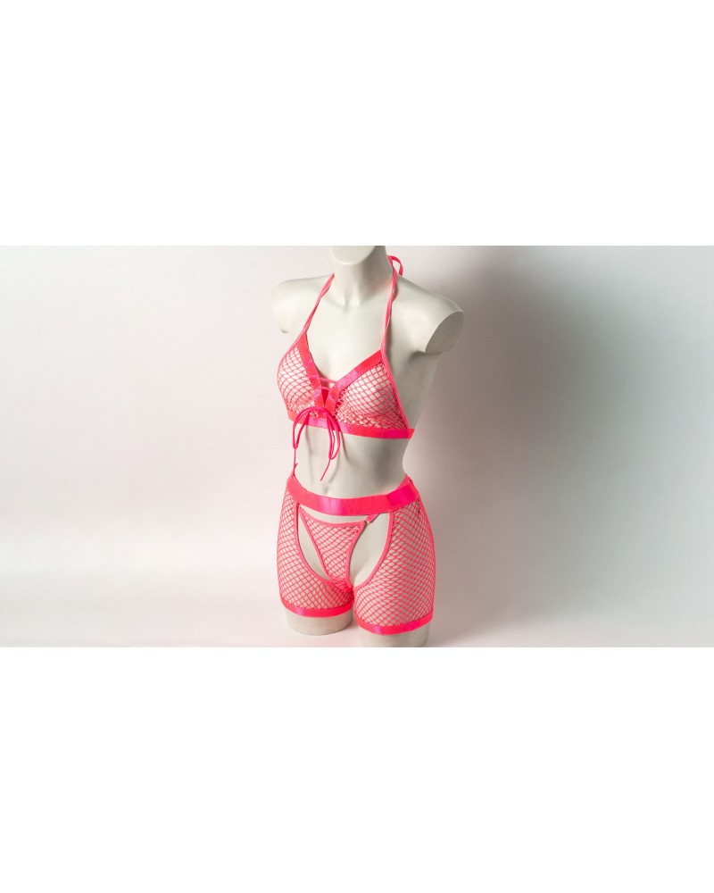 Ophelia's Dream Lingerie - Fishnet set bra-crotchless shorts pink