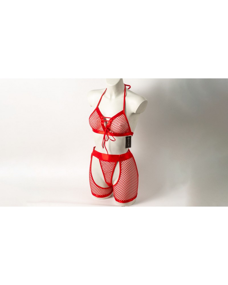 Ophelia's Dream Lingerie - Fishnet set bra-crotchless shorts red