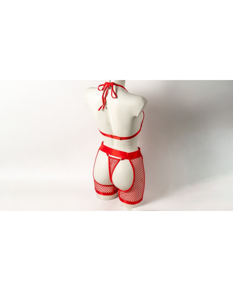 Ophelia's Dream Lingerie - Fishnet set bra-crotchless shorts red