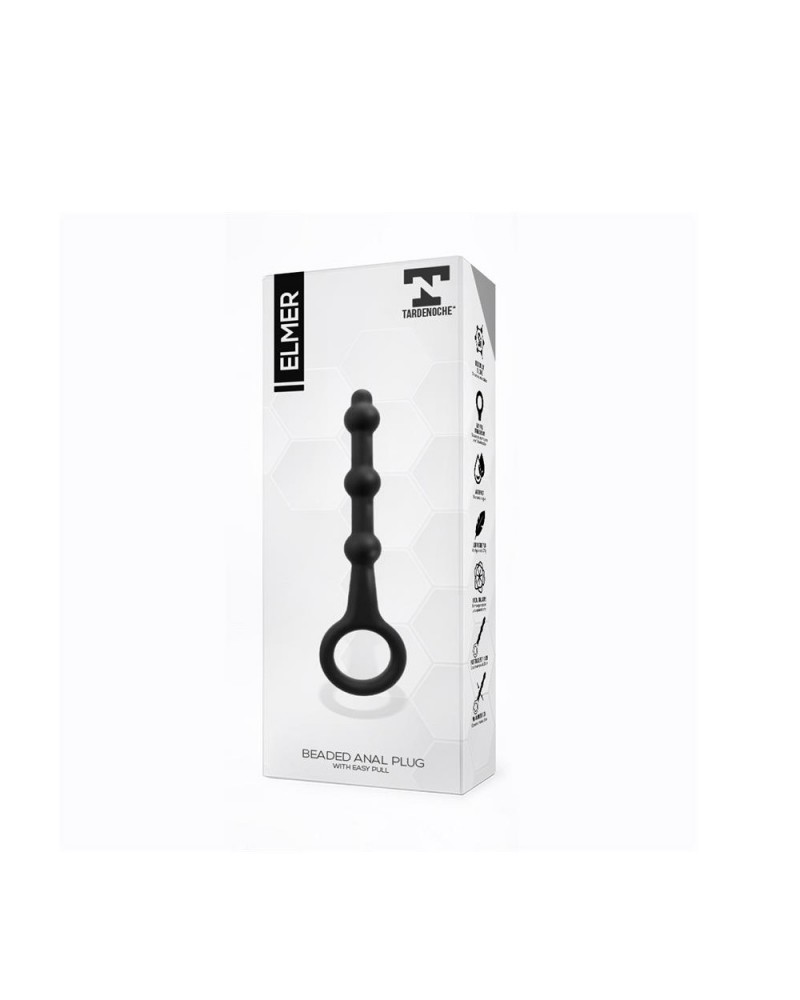Elmer Beaded Butt Plug with Easy Pull Ring Silicone Black